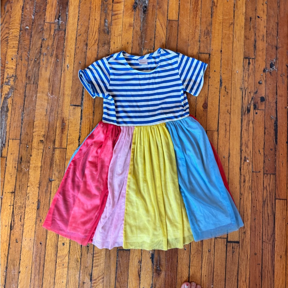 Hanna Andersson Kids Blue and Cream Striped dress with rainbow skirt